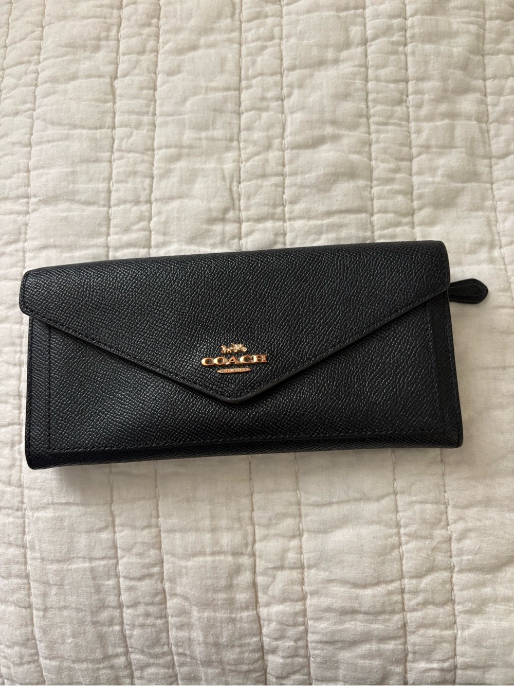 Coach Black Saffiano Leather Envelope Wallet with Gold Logo